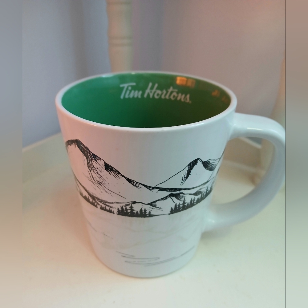 Tim Hortons 2018 Green Boat On Lake, Mountains Coffee Mug Tea Cup